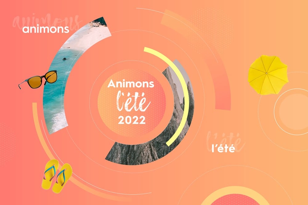 Axione, animons l'été, avec un dégradé coucher de soleil et des éléments rappelant l'été avec les lunettes de soleil, des tongs et un parasol